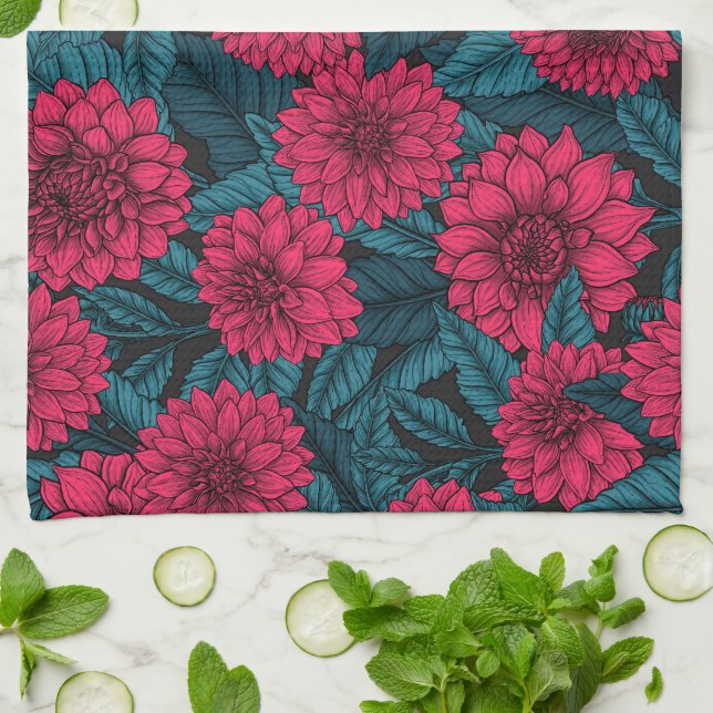 Red Dahlia garden/blue leaves Tea Towel (Folded)