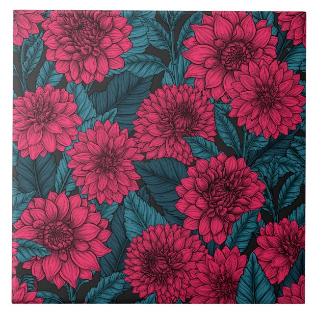 Red Dahlia garden/blue leaves Tile (Front)