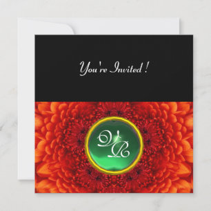 RED DAHLIA, JADE ,bright green black yellow Invitation