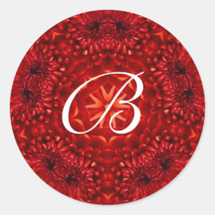RED  DAHLIA MONOGRAM CLASSIC ROUND STICKER