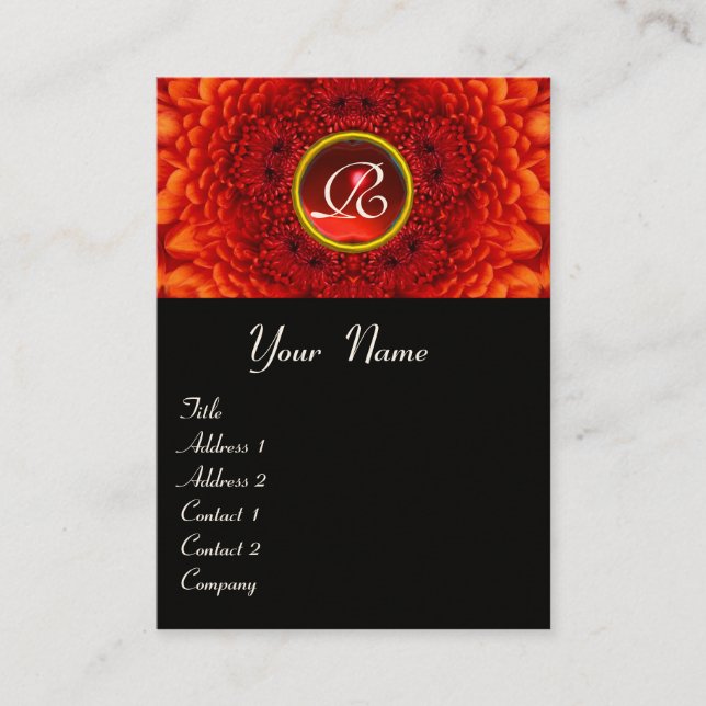 RED  DAHLIA  MONOGRAM, RUBY  black yellow Business Card (Front)