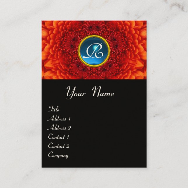 RED  DAHLIA  MONOGRAM, SAPPHIRE blue black yellow Business Card (Front)