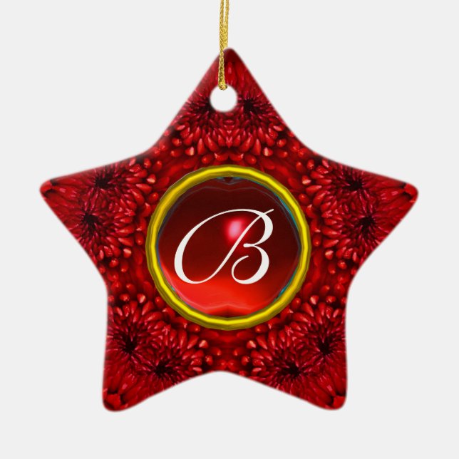 RED DAHLIA  RUBY MONOGRAM Star Ceramic Tree Decoration (Front)
