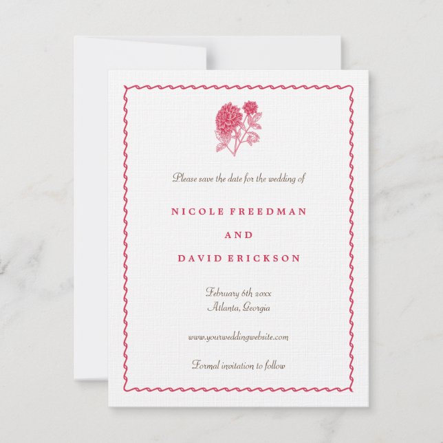 Red dahlia save the date wedding announcement (Front)