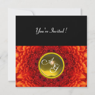 RED DAHLIA, TOPAZ monogram ,bright black yellow Invitation