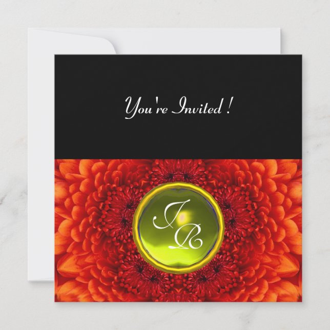 RED DAHLIA, TOPAZ monogram ,bright  black yellow Invitation (Front)
