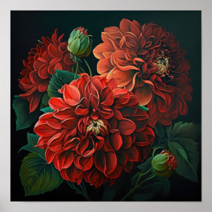 Red Dahlias Flower Art Print Poster