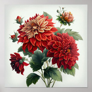 Red Dahlias Flower Art Print Poster