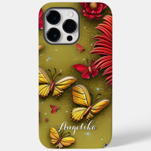 Red Daisies Gold Butterflies Personalised Name Case-Mate iPhone 14 Pro Max Case