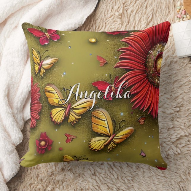Red Daisies Gold Butterflies Personalised Name Cushion (Blanket)