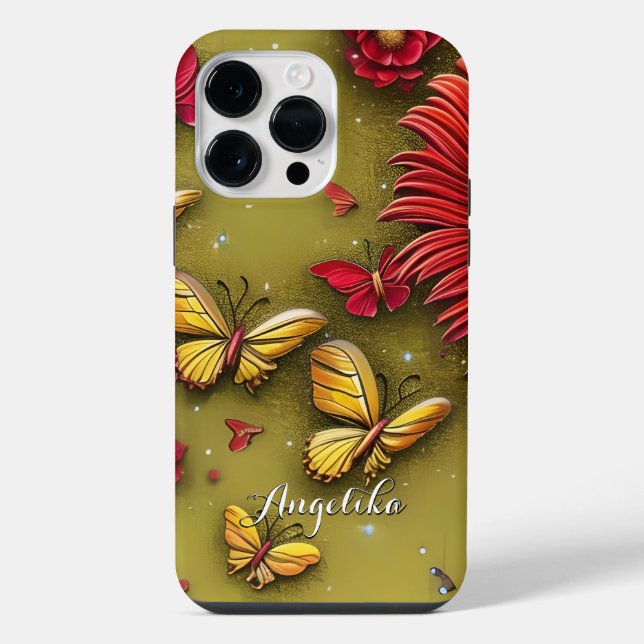 Red Daisies Gold Butterflies Personalised Name iPhone Case (Back)
