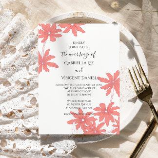 Red Daisies on White Wedding Invitation