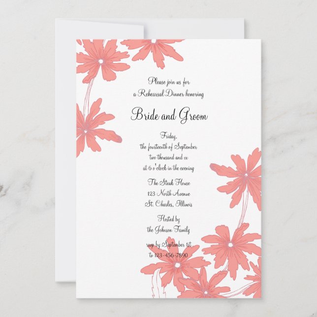 Red Daisies on White Wedding Rehearsal Dinner Invitation (Front)