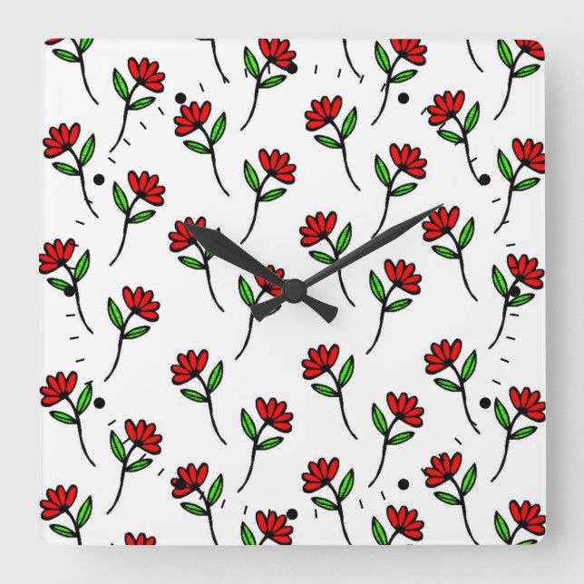 Red Daisies Square Wall Clock (Front)