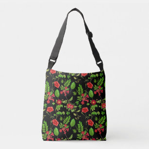 Red Daisies With Leaves Pattern Crossbody Bag