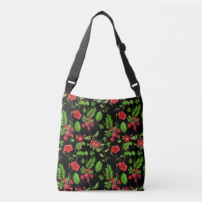 Red Daisies With Leaves Pattern Crossbody Bag (Front)