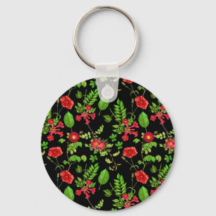 Red Daisies With Leaves Pattern Key Ring