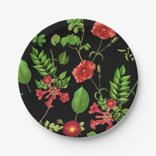 Red Daisies With Leaves Pattern Paper Plate