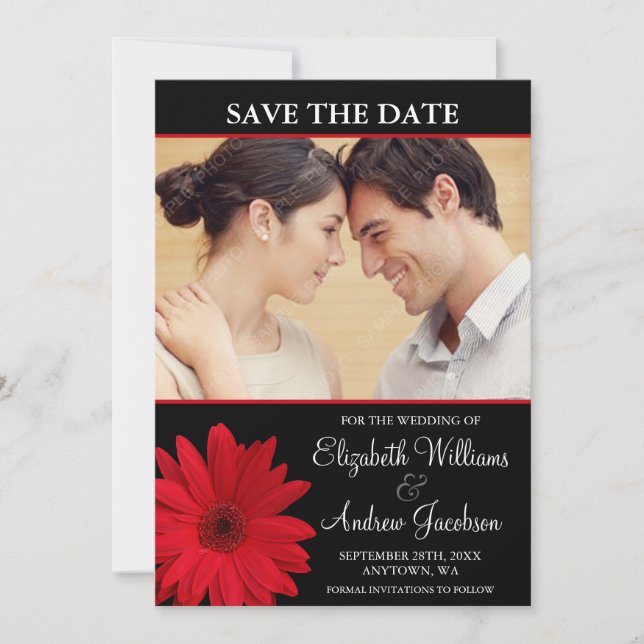 Red Daisy Black Photo Save the Date (Front)