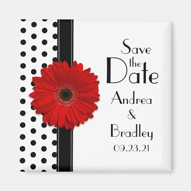 Red Daisy Black White Polka Dot Save the Date Magnet (Front)
