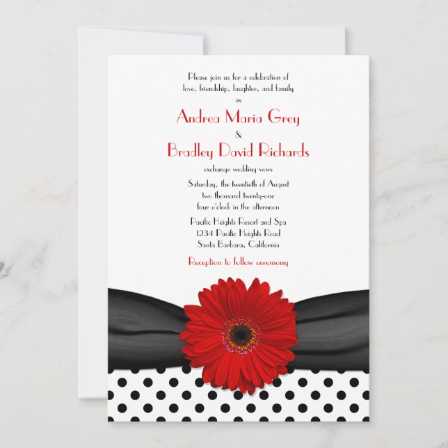 Red Daisy Black White Polka Dot Wedding Invitation (Front)