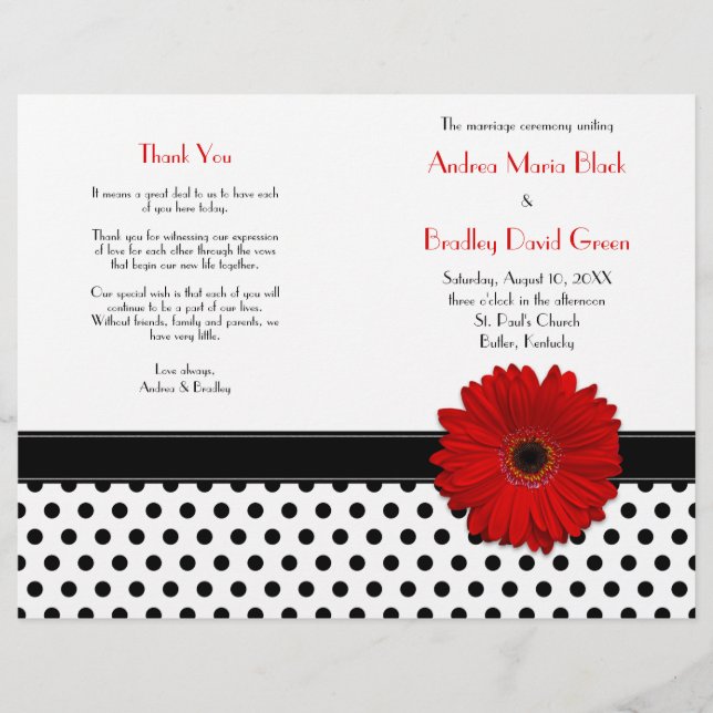 Red Daisy Black White Polka Dot Wedding Program (Front)