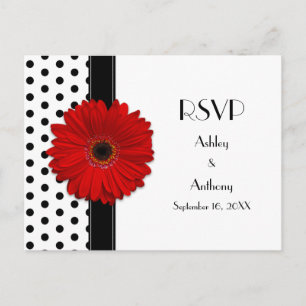 Red Daisy Black White Polka Dot Wedding RSVP Invitation Postcard
