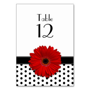 Red Daisy Black White Polka Dot Wedding  Table Number