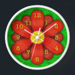 Red Daisy Flower on Green Beautiful Wall Clock<br><div class="desc">This pretty floral clock has an original stylised flower on it, in a daisy style and coloured shades of red. The yellow-orange clock numbers mark the time on the twelve petals. The background is done in an abstract mottled green, resembling grass. This is a bright, bold clock for a gardener...</div>