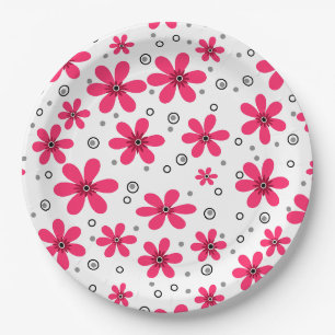 Red daisy flowers retro background summer paper plate