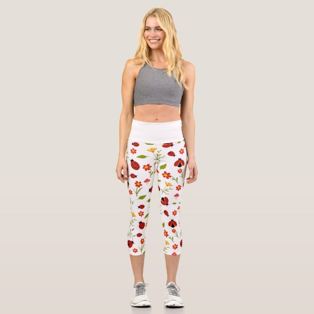 Red Daisy Ladybug Floral High Waisted Capris (Front)