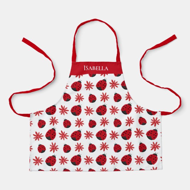 Red Daisy Ladybug Pattern Personalised Apron (Front)