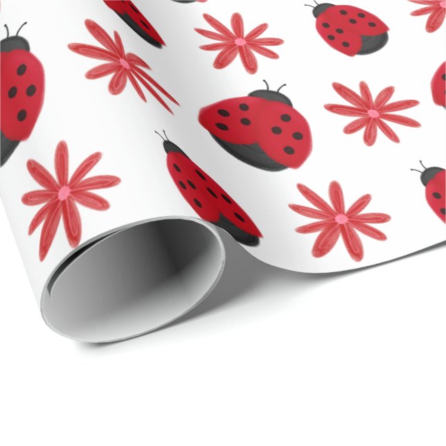 Red Daisy Ladybug Pattern Wrapping Wrapping Paper (Roll Corner)