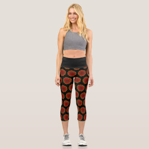Red Daisy on Black Background Capri Leggings