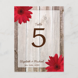 Red Daisy Rustic Barn Wood Wedding Table Number Postcard