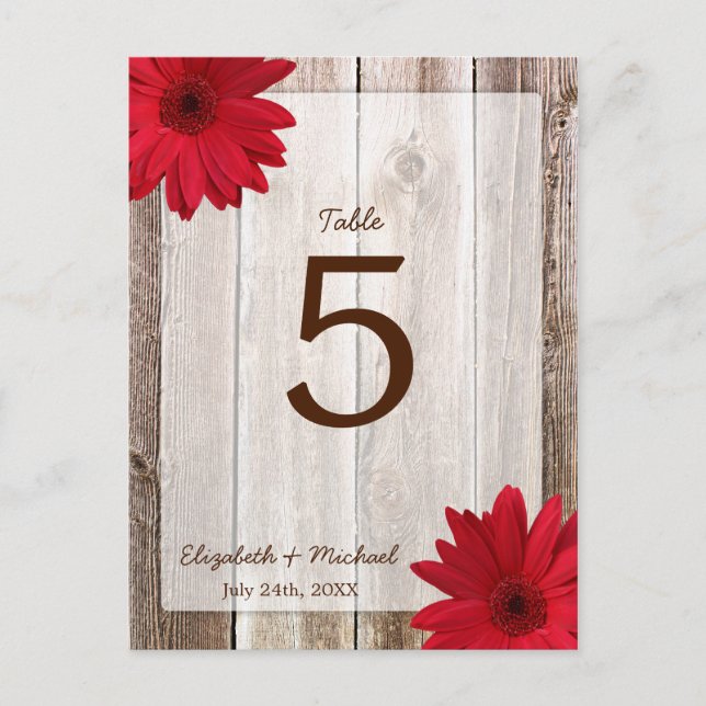 Red Daisy Rustic Barn Wood Wedding Table Number Postcard (Front)