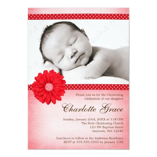 Red Daisy Sparkle Photo Baptism Christening Card