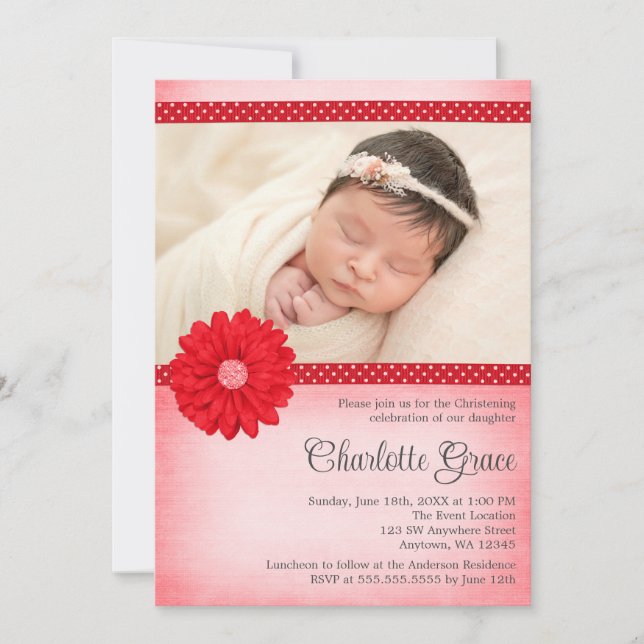 Red Daisy Sparkle Photo Baptism Christening Invitation (Front)