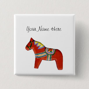 Red Dala Horse Name Tag 15 Cm Square Badge