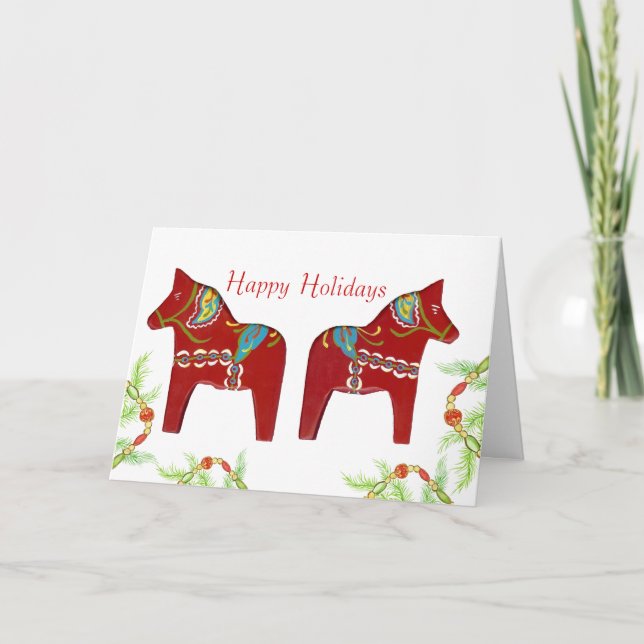 Red Dala Horses Holiday Card (Front)