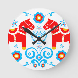 Red Dala Horses Round Clock