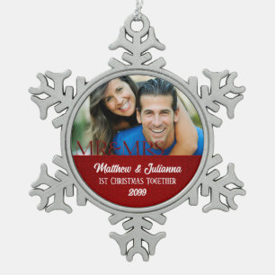 Red Damask 1st Christmas Together Photo Snowflake Pewter Christmas Ornament