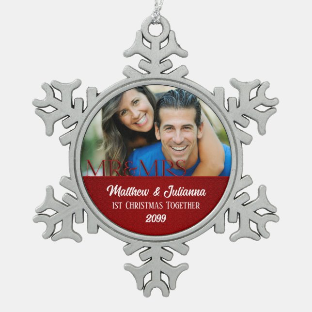 Red Damask 1st Christmas Together Photo Snowflake Pewter Christmas Ornament (Front)