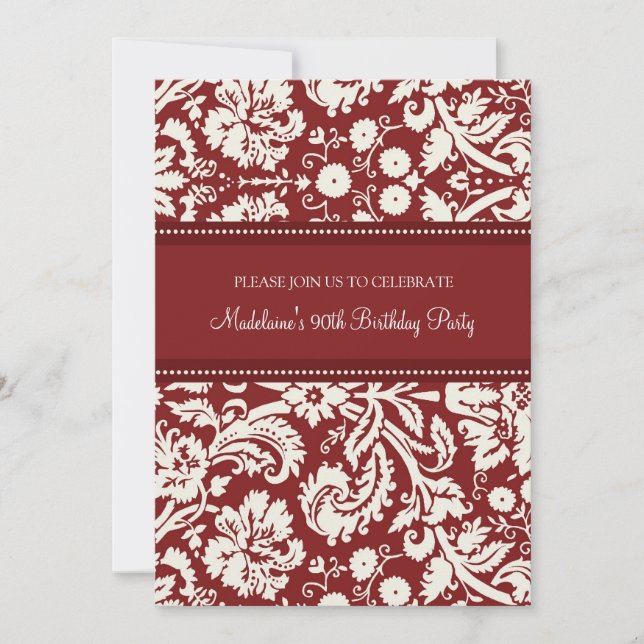 Red Damask 90th Birthday Party Invitations (Front)