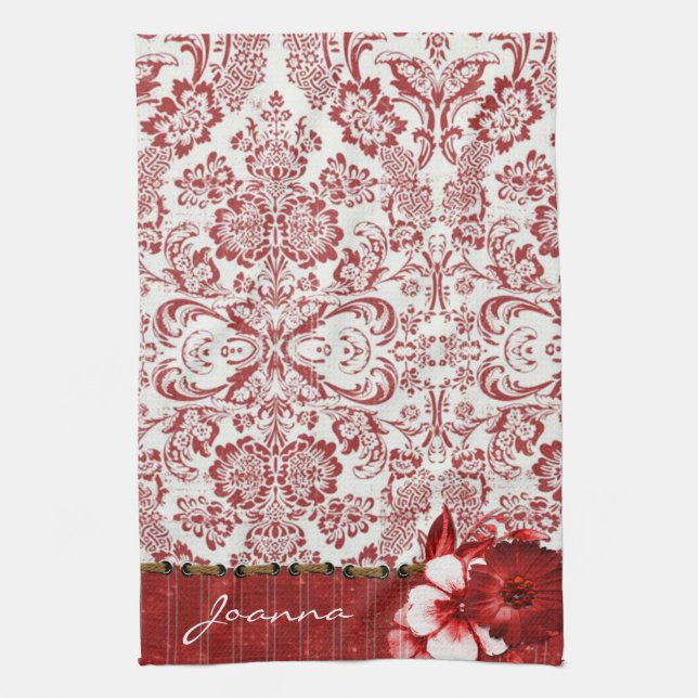 Red Damask And Flowers Tea Towel (Vertical)
