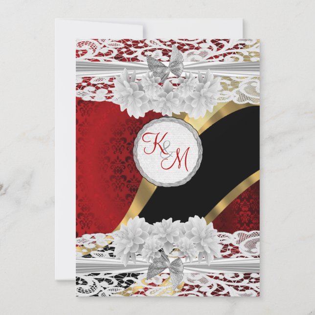Red damask and white lace monogram wedding invitation (Back)