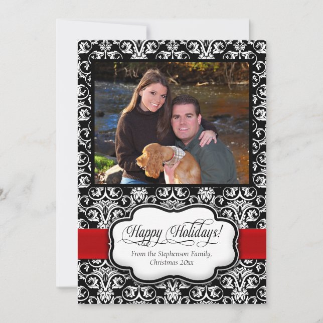 Red Damask Black and White Holiday Greeting Card (Front)