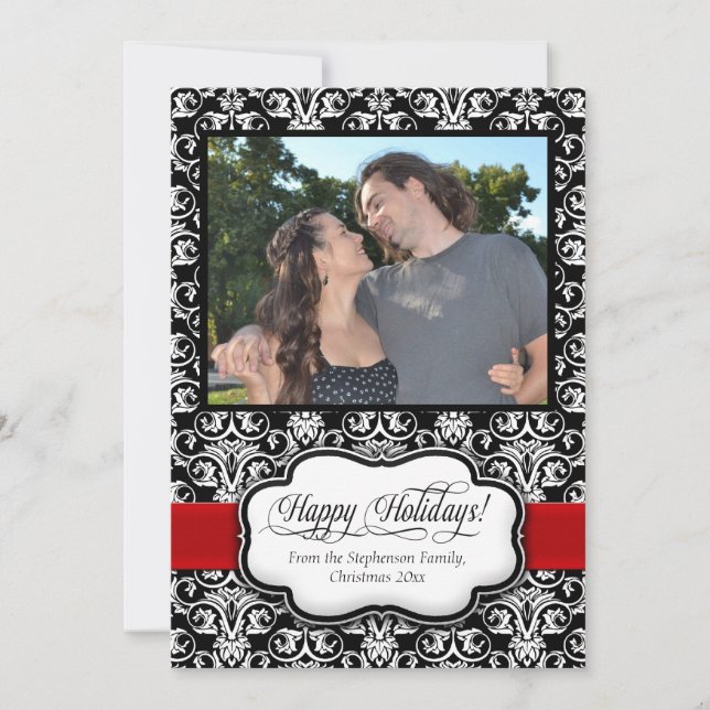 Red Damask Black White Holiday Greeting (Front)