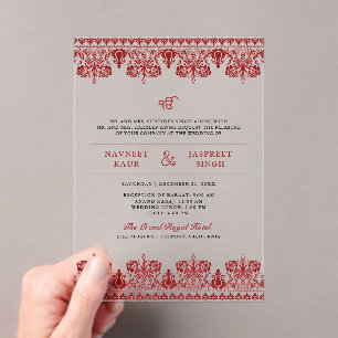 Red Damask Border Anand Karaj Sikh Wedding Acrylic Invitations