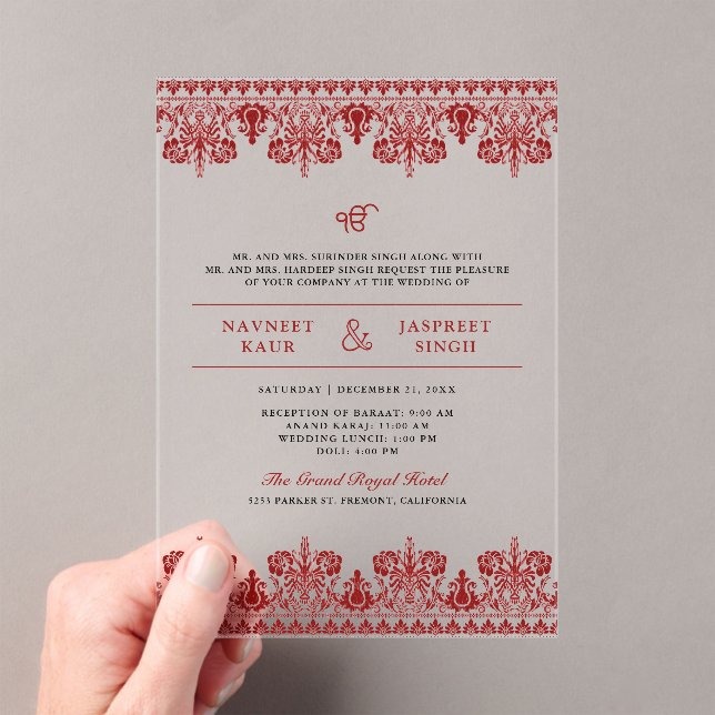 Red Damask Border Anand Karaj Sikh Wedding Acrylic Invitations (Insitu (Handheld))
